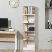HOMCOM Bibliothèque Étagère de Rangement avec 5 Compartiments Ouverts Design Simple Moderne Idéale pour Salon Chambre Bureau 45 x 21 x 170 cm Blanc et Chêne(m-8)