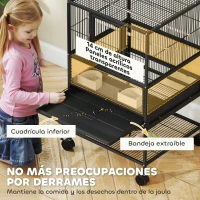 PawHut Jaula para Pájaros con Paneles Acrílicos Comederos Soporte Ruedas y Estante Inferior 48x46x83 cm Negro(m-4)