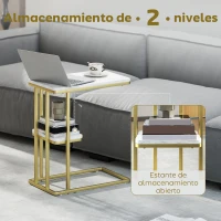 HOMCOM Mesa Auxiliar Estructura en C Estrecha con Estante Mesita de Noche Moderna 50x30x57,5 cm Blanco Efecto Mármol(m-5)