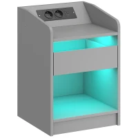 HOMCOM Mesa de Cabeceira com Luzes LED Gaveta Prateleira Estação de Carregamento Entrada USB e Controlo Remoto 40x40x58 cm Cinzento(m-1)