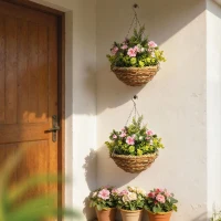 Outsunny Conjunto de 2 Plantas Lisianthus Suspensas Artificiais para Interior e Exterior com Vaso e Vime e Correia Ø25x34 cm Rosa e Verde(m-8)