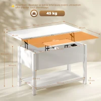 HOMCOM Table basse relevable et extensible table de salon avec compartiment caché étagère ouverte 100x45x50,5cm blanc(m-3)