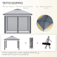 Outsunny Gazebo da Esterno Pieghevole ad Altezza Regolabile con Zanzariere, 3.3x3.3x2.8 m, Grigio(m-4)