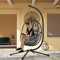 Outsunny Fauteuil suspendu pliable en résine tressée avec support, coussin et oreiller hauteur réglable, gris(m-10)