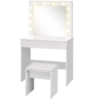 HOMCOM Postazione Trucco, Toeletta Trucco con Specchio, 12 Luci LED, Sgabello Imbottito e Ampio Cassetto in Legno, 80x40x140 cm, Bianco(m-10)