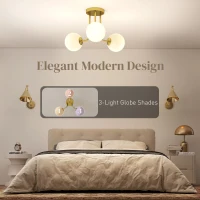 HOMCOM LED Ceiling Light with Globe Shades, Modern 3-Light Ceiling Light with G9 Sockets for Living Room, Bedroom, Dining Room, Bulbs Not Included, Gold Tone(m-4)