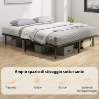 HOMCOM Letto Matrimoniale Industriale a 28 Doghe con Spazio Contenitore, in Legno e Acciaio, 190x160x31 cm, Nero e Legno(m-5)