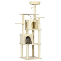 PawHut Arbre à chat arbre à grimper griffoir hauteur 171 cm avec 2 niches 6 plateformes 2 pompons suspendus beige(m-12)
