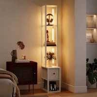 HOMCOM Floor Lamp with Shelves, LED Column Modern Standing Lamp with Fabric Drawer, Adjustable Brightness, Foot Switch for Living Room, Bedroom, Office, White(m-2)