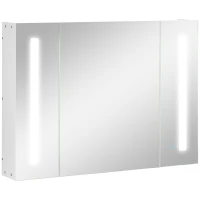 kleankin Armadietto Specchiera da Bagno con 3 Armadietti, 3 Ripiani e Luce LED, 90x15x65 cm, Bianco(m-11)