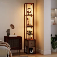 HOMCOM Floor Lamp with Shelves, LED Column Modern Standing Lamp with Fabric Drawer, Adjustable Brightness, Foot Switch for Living Room, Bedroom, Office, Dark Brown(m-2)