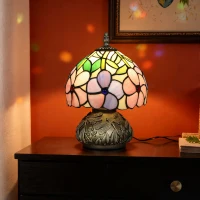 HOMCOM Tiffany-Style Table Lamp with Sculpted Dragonfly Base, Handcrafted Antique Stained Glass Bedside Lamp for Living Room and Bedroom, E27 Socket, Pink(m-2)