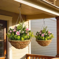 Outsunny Conjunto de 2 Plantas Lisianthus Suspensas Artificiais para Interior e Exterior com Vaso e Vime e Correia Ø25x34 cm Rosa e Verde(m-2)