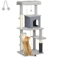 PawHut Árbol Rascador para Gatos 132 cm con Plataformas Poste con Cepillo Bolas Colgantes y Almohadilla para Rascar Gris Claro(m-10)