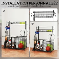 SPORTNOW Rangement d'équipements de sport, avec paniers, crochets amovibles, sangles élastiques, 92 x 42 x 109 cm, noir(m-5)