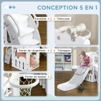AIYAPLAY Toboggan pour enfants 5 en 1 avec panier de basket escalade télescope espace de rangement 70 x 177 x 92 cm gris(m-4)