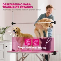 PawHut Mesa de Tosquia para Cães Dobrável Mesa de Higiene com Prateleira Metálica Superfície Antiderrapante 107x60x164 cm, Rosa(m-5)