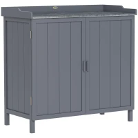 Outsunny Wood Garden Storage Cabinet, Outdoor Tool Shed, Potting Bench Table with Galvanized Top and Two Shelves for Yard Tools or Pool Accessories, Grey(m-1)
