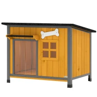 PawHut Caseta para Perros de Exterior en Madera y Acero Antimordeduras, Techo Abatible y Cortina para Puerta, Amarillo(m-7)
