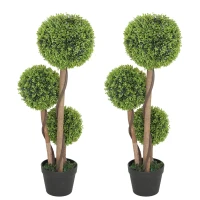 HOMCOM Decorative Artificial Trees Boxwood Ball Topiary Trees Set of 2 in Pot, Fake Plants for Home Indoor Outdoor Decor(m-10)
