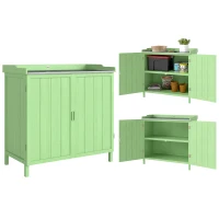 Outsunny Wood Garden Storage Cabinet, Outdoor Tool Shed, Potting Bench Table with galvanised Top and Two Shelves for garden Tools or Pool Accessories, Green(m-10)