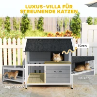PawHut Outdoor-Katzenhaus, Katzenzuflucht für den Außenbereich, wasserfest, aufklappbares Dach, Fichtenholz, 80 x 93 x 95, Grau(m-5)