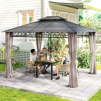 Outsunny Tonnelle de jardin avec toit polycarbonate 4 parois latérales anti-UV moustiquaires 3,6 x 3 m(m-10)