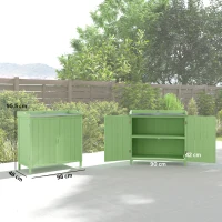 Outsunny Wood Garden Storage Cabinet, Outdoor Tool Shed, Potting Bench Table with galvanised Top and Two Shelves for garden Tools or Pool Accessories, Green(m-3)