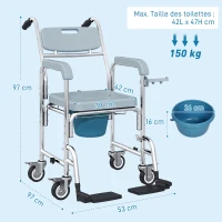 HOMCOM Chaise percée adulte à roulettes, chaise percée de douche avec repose-pieds, dossier et accoudoirs, 53x97x97cm, gris(m-3)