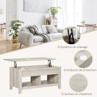 HOMCOM Table basse plateau relevable, table de salon avec étagères et compartiment caché,105 x 50 x 49-62,5 cm pour salon, chambre, aspect chêne clair(m-6)