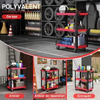 HOMCOM Chariot d'atelier servante atelier à 3 niveaux, poignée latérale et roulettes verrouillables, 70,5x35x82,5cm, rouge(m-6)