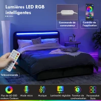 HOMCOM Lit coffre 140 x 190 cm avec éclairage LED, tête de lit réglable, cadre de lit double, sommier à lattes en bois, gris(m-5)