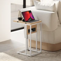 HOMCOM Mesa Auxiliar para Sofá con Encimera Plegable y Estación de Carga Forma de C para Salón Blanco y Natural(m-9)