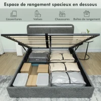 HOMCOM Lit coffre 140 x 190 cm avec éclairage LED, tête de lit réglable, cadre de lit double, sommier à lattes en bois, gris(m-4)