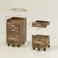 HOMCOM 3 Drawer Filing Cabinet, Rolling File Cabinet with Edged Top for Letter, A4 Size, Hanging File Folders, Rustic Brown(m-3)