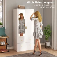 HOMCOM Armoire chambre penderie avec miroir, 2 portes, 2 tiroirs et barre de suspension, 80 x 50 x 180 cm, blanc(m-6)