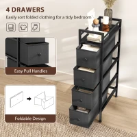 HOMCOM 4 Drawer Fabric Dresser Chest of Drawers, Slim Storage Cabinet with Steel Frame for Small Spaces, Bedroom, Black(m-5)