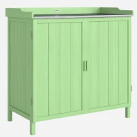 Outsunny Wood Garden Storage Cabinet, Outdoor Tool Shed, Potting Bench Table with galvanised Top and Two Shelves for garden Tools or Pool Accessories, Green(m-1)