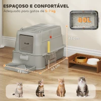 PawHut Caixa de Areia para Gatos de Aço Inoxidável XL com Tampa Articulada 180° Laterais Altas Pedal Pá 63x43x43 cm Cinza Claro(m-5)