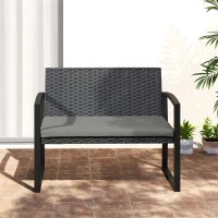 Outsunny 2-Seater Garden Bench, Outdoor PE Woven Rattan Bench with Cushion, Galvanized Steel, 103x58x78 cm, Gray and Black(m-4)
