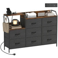 HOMCOM Chest of Eight Drawers, with Charging Station - Brown/Black(m-10)