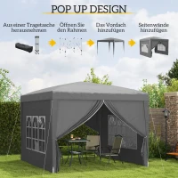 Outsunny 3 x 3 m paviljoen met 4 zijwanden, ramen, feesttent met UV-bescherming, tuintent incl. draagtas, staal, Grijs(m-4)