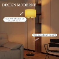 HOMCOM Lampadaire abat-jour en lin douille E27 style moderne interrupteur à pied pour salon et chambre 156 cm doré et noir(m-4)