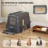 PawHut Litieră Închisă de 80L pentru Pisici cu Tavă Detașabilă, în ABS și Oțel Inoxidabil, 63x43x43 cm, Gri Închis(m-5)