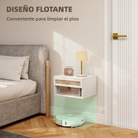 HOMCOM Juego de Mesitas de Noche Flotantes con Cajón de Ratán y Estante Abierto para Dormitorio 40x34x23cm Blanco(m-5)