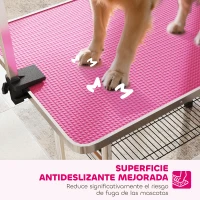 PawHut Mesa de Peluquería Canina Plegable con Cesta Metálica Barra de Acero Inoxidable Ajustable 107x60x164 cm Rosa(m-7)