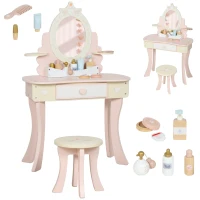 AIYAPLAY Kids Dressing Table, Girls Vanity Set with Mirror and Stool, 7 Play Accessories, Drawer, Desktop Storage, Pink(m-10)