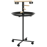 PawHut Metal Bird Table Play Stand, Bird Feeder Station Parrot Perch with Four Wheels Feeding Bowls Round Tray(m-10)