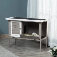 PawHut Clapier en bois pour lapin avec toit en asphalte mangeoire plateau amovible et 2 portes 91 x 46 x 71 cm gris(m-10)