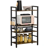HOMCOM Estantería de Cocina Industrial con 4 Estantes 4 Ganchos y Sistema Antivuelco 65x30x102 cm Marrón Rústico y Negro(m-10)